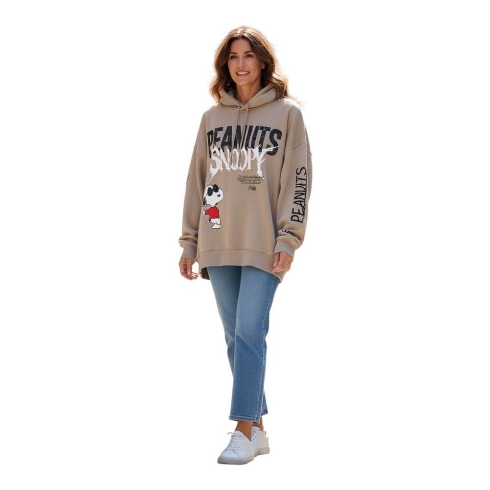 Peanuts Snoopy Joe Cool Oversized Graphic Hoodie Khaki Tan Women L Pullover - Picture 3 of 12